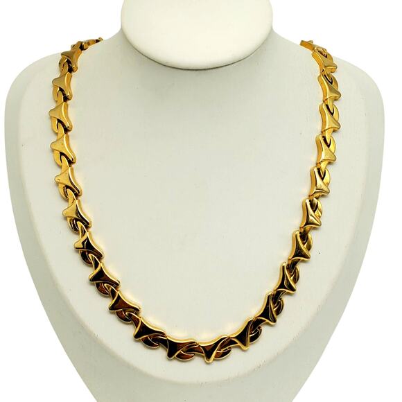 Vintage Gold Plated Choker Geometric Link Necklace 1980s Statement Chain Retro - Picture 1 of 6